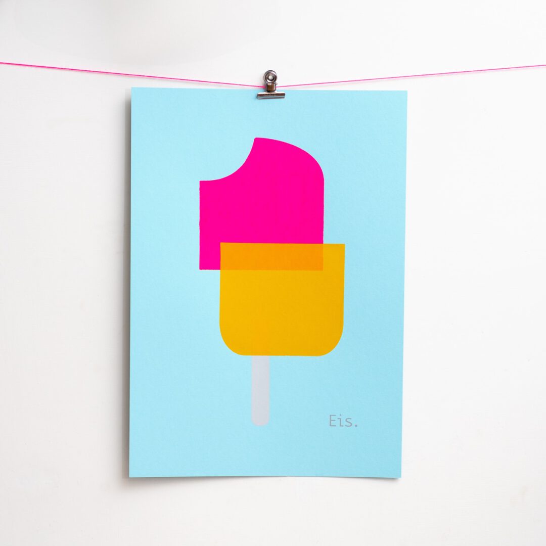 Siebdruck Eis handgedruckt in Neonfarben von Frau Plonka auf hellblau