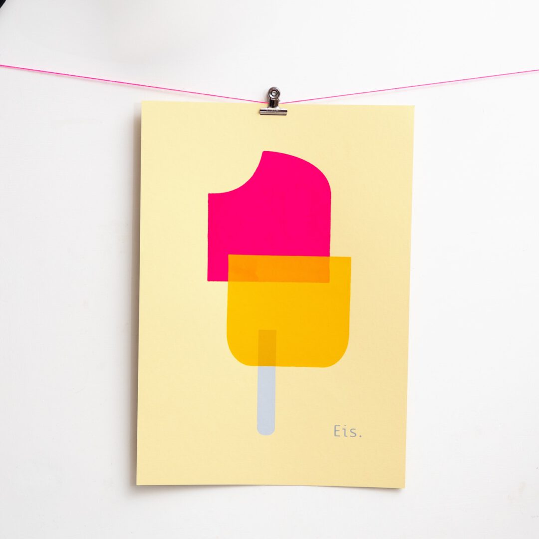 Siebdruck Eis handgedruckt in Neonfarben von Frau Plonka auf gelb