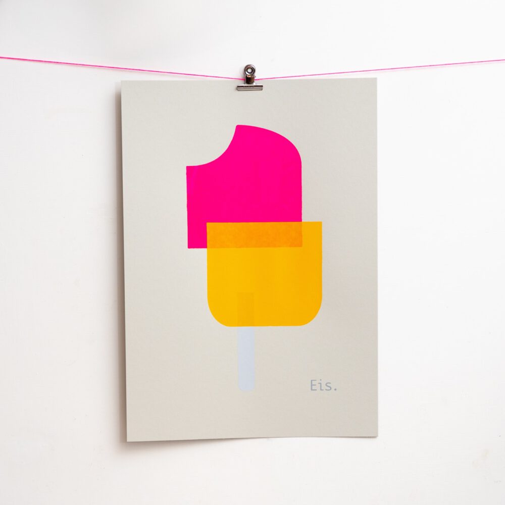 Siebdruck Eis handgedruckt in Neonfarben von Frau Plonka auf grau