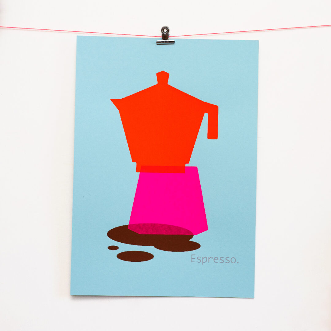 espresso-hellblau Siebdruck Espresso handgedruckt von Frau Plonka auf blau
