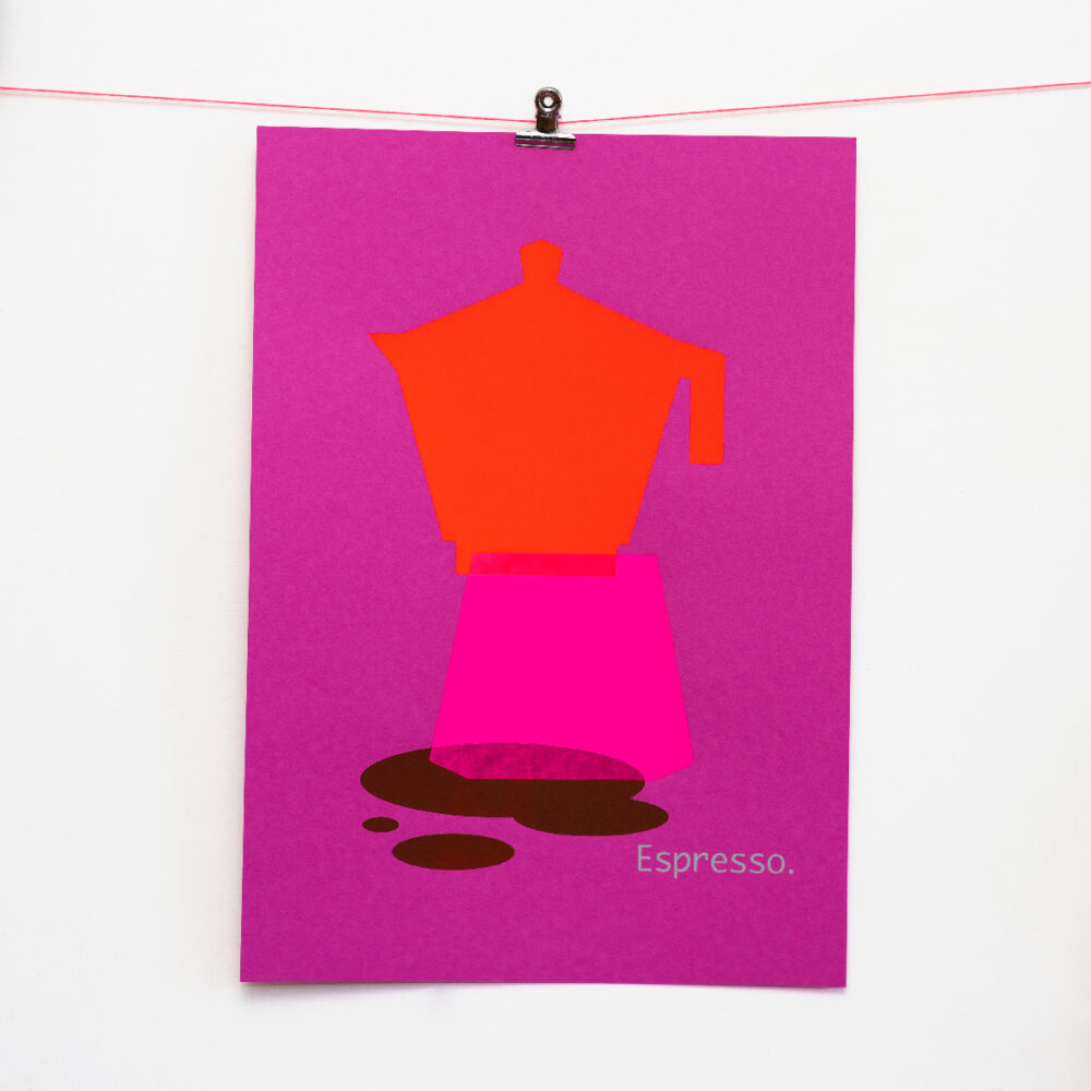 espresso-pink Siebdruck Espresso handgedruckt von Frau Plonka auf pink