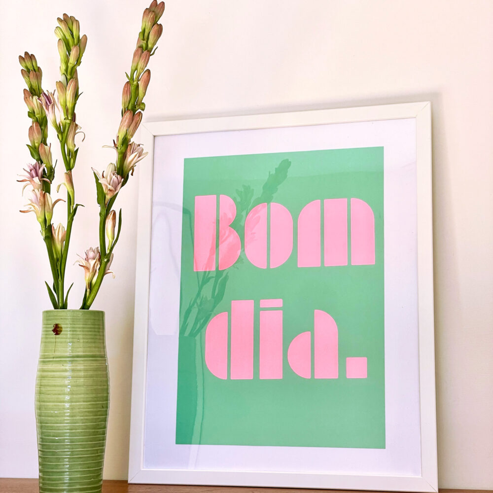 siebdruck-bom-dia-rosa-mint Siebdruck Bom Dia handgedruckt Neonfarben Frau Plonka