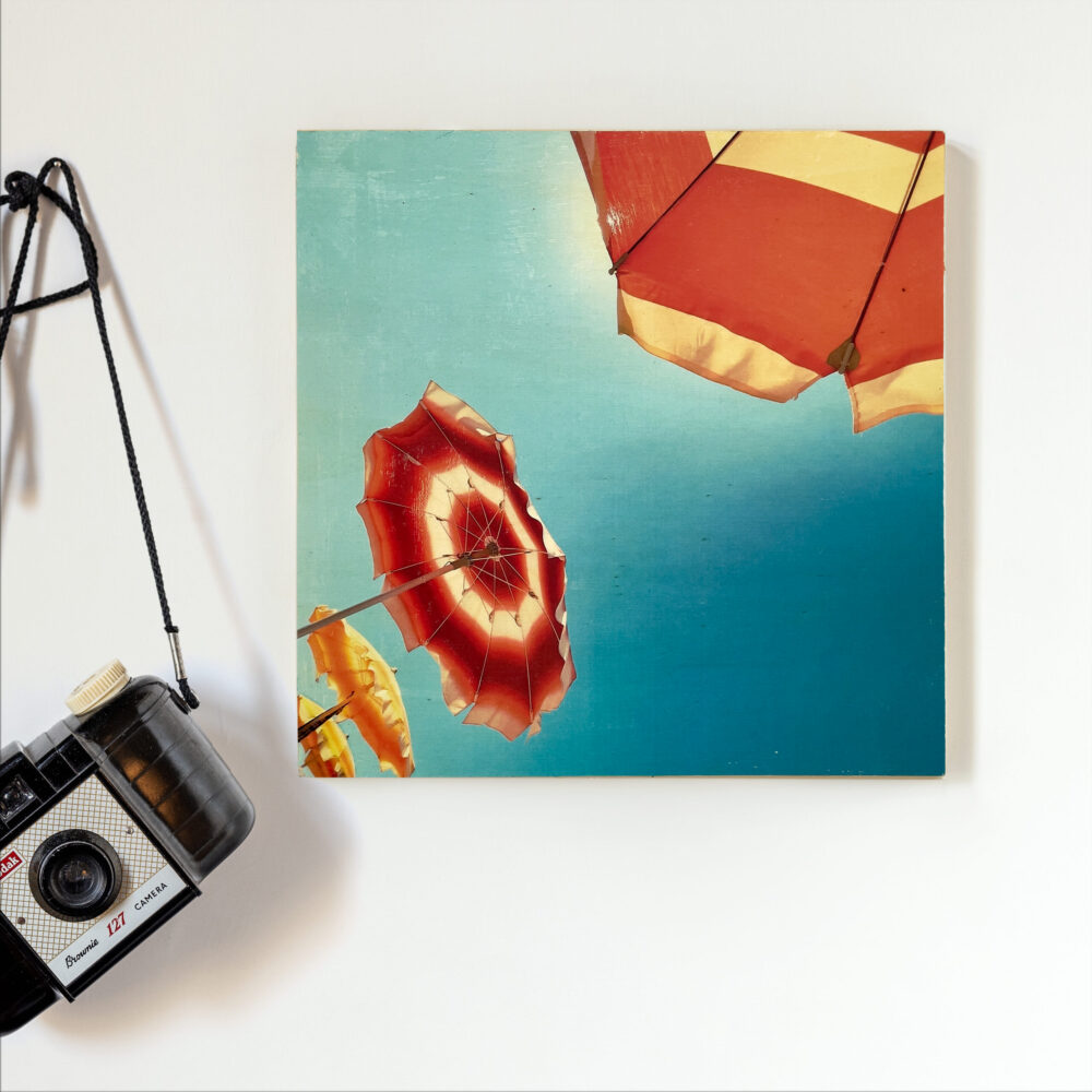 Fototransfer auf Holz Sole Sonnenschirm handgefertigt Frau Plonka