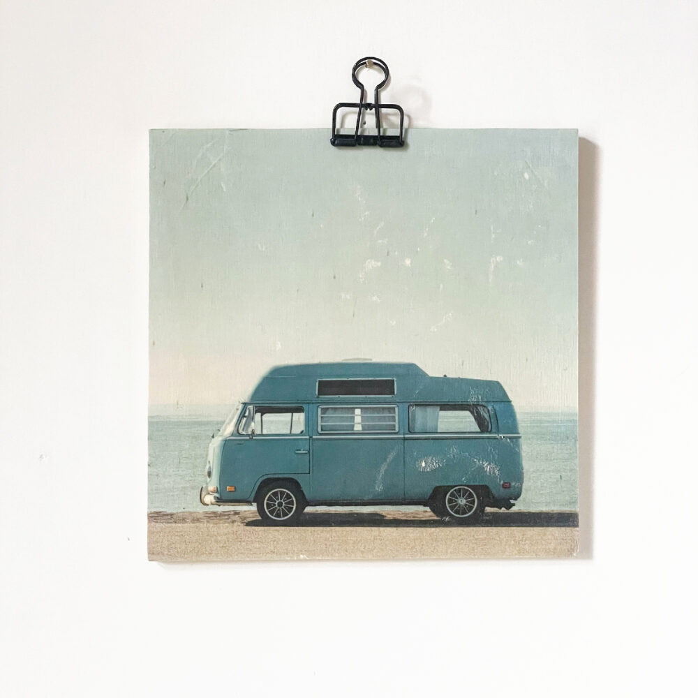 Fototransfer auf Holz Bulli blue Bild für die Wand